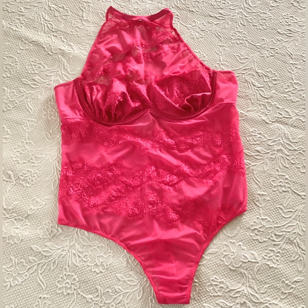 NWOT Oh La La Cheri Hot Pink Lace Teddy Bodysuit ~ Sz 3X